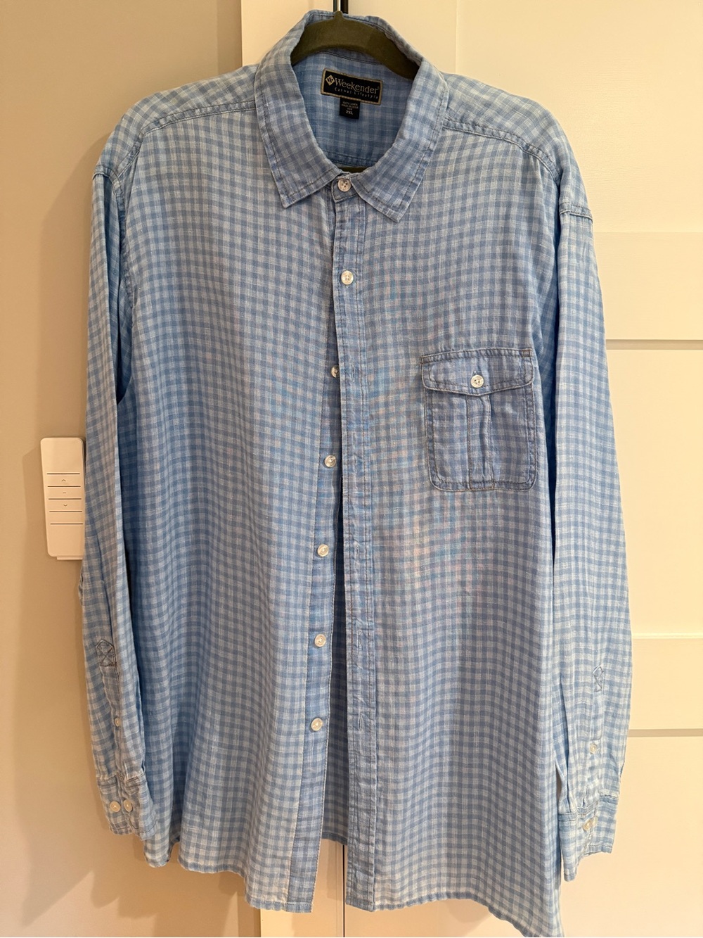 Weekender Casual Lifestyle Men’s 2XL Blue Gingham 100% Linen Button Down Shirt